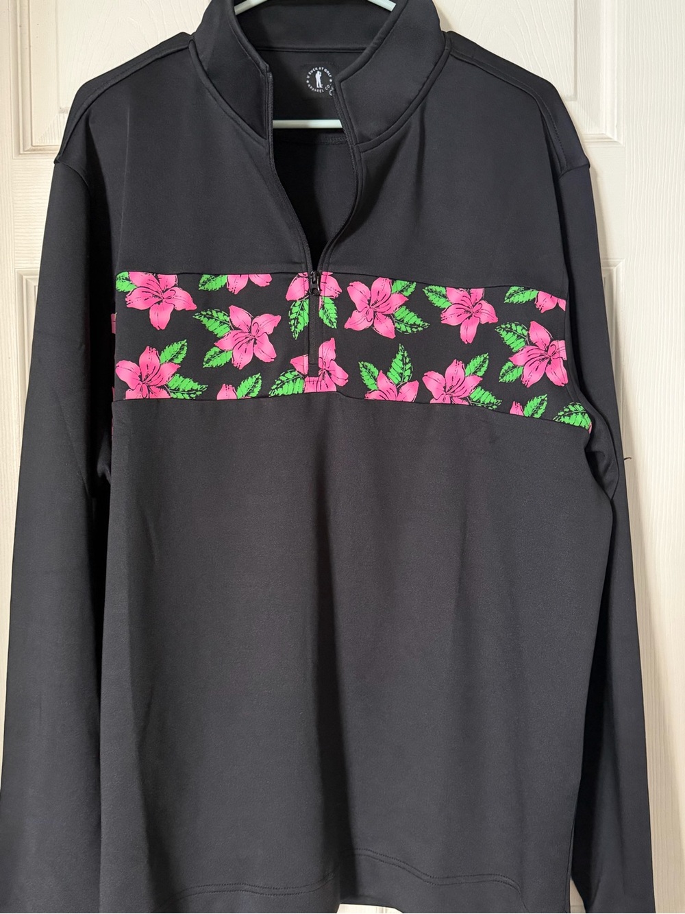 Men's Black Quarter-Zip Polo with Pink Floral Panel